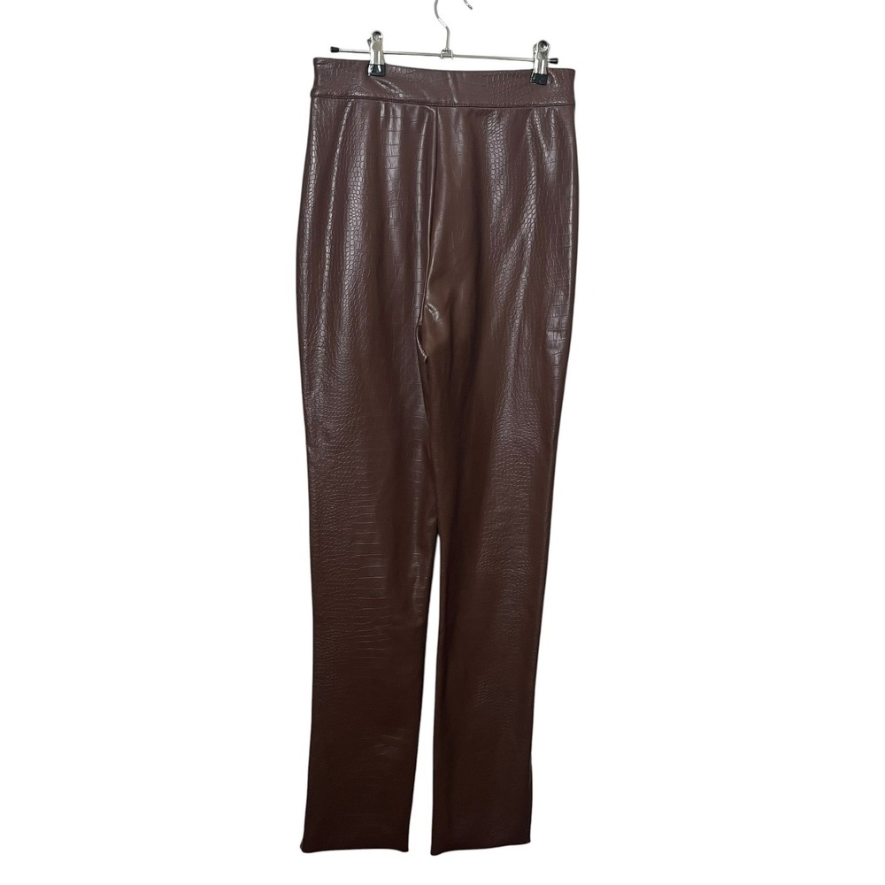 MESHKI Chocolate Brown Croc Embossed Faux Leather Skinny Pants Ankle Slit Medium - Picture 5 of 11